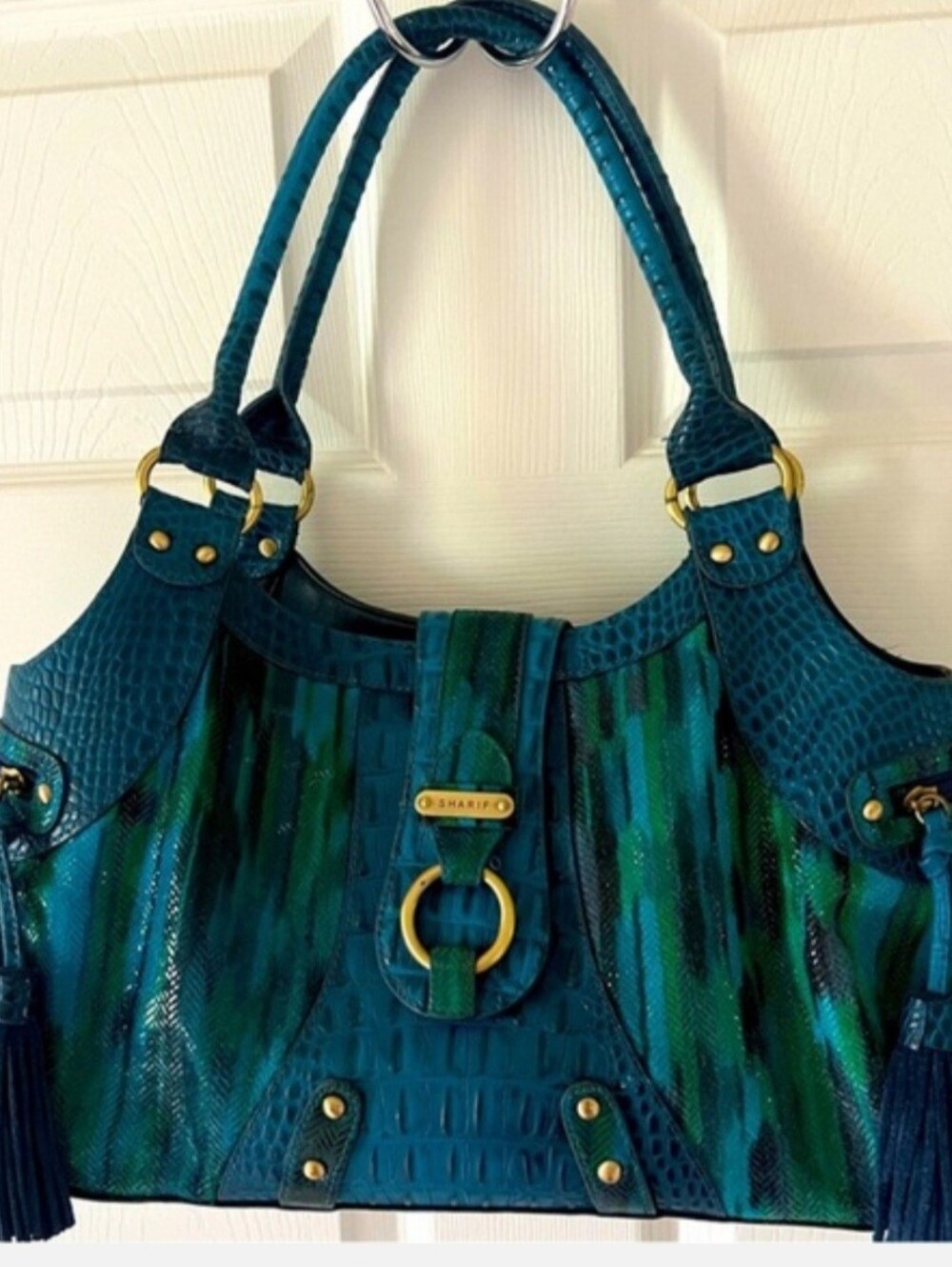 Sharif Teal & Emerald Leather-Patterned Shoulder Bag